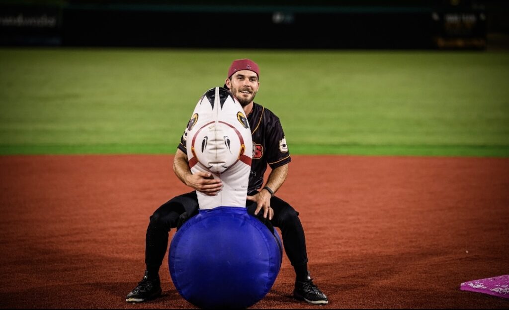 Richie Kiernicki rides an inflatable horse during a typically playful Boom Ball moment